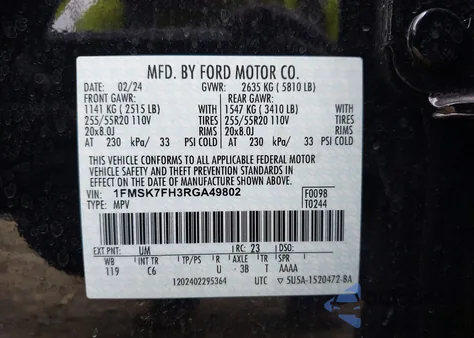 2024 Ford Explorer Limited from USA, damaged, VIN 1FMSK7FH3RGA49802